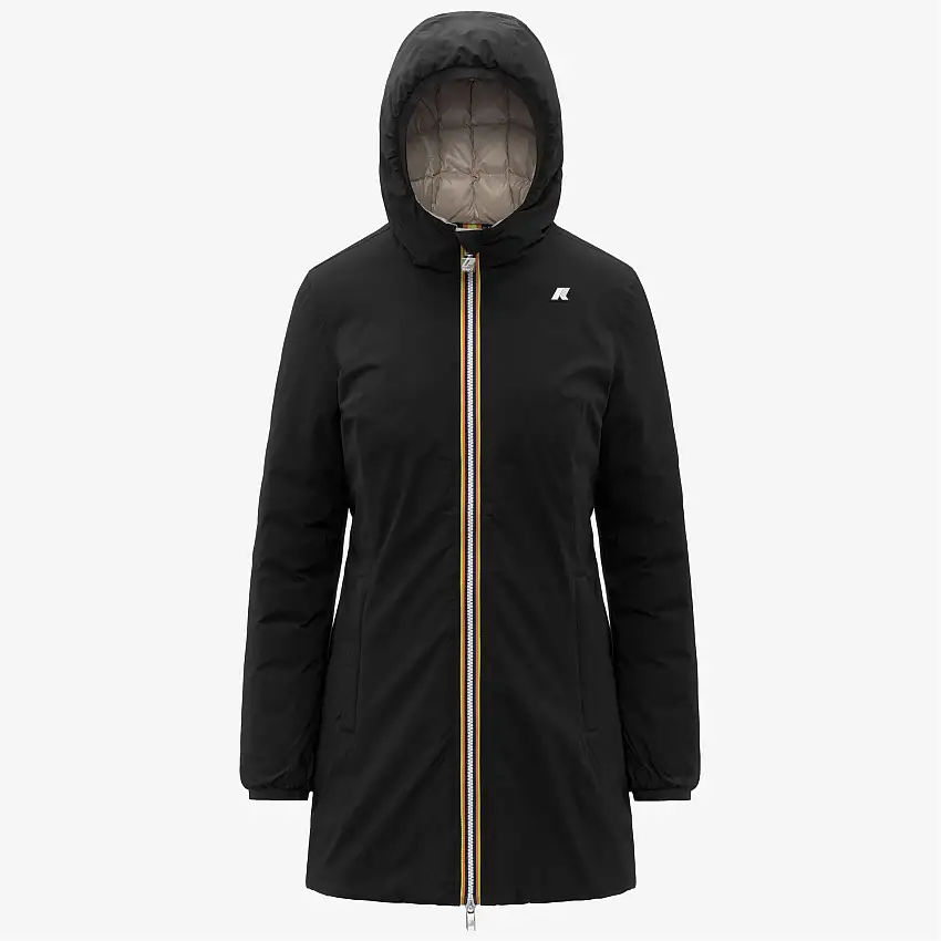 Giacca termica reversibile da donna nera, lunghezza 3/4, con imbottitura in piumino