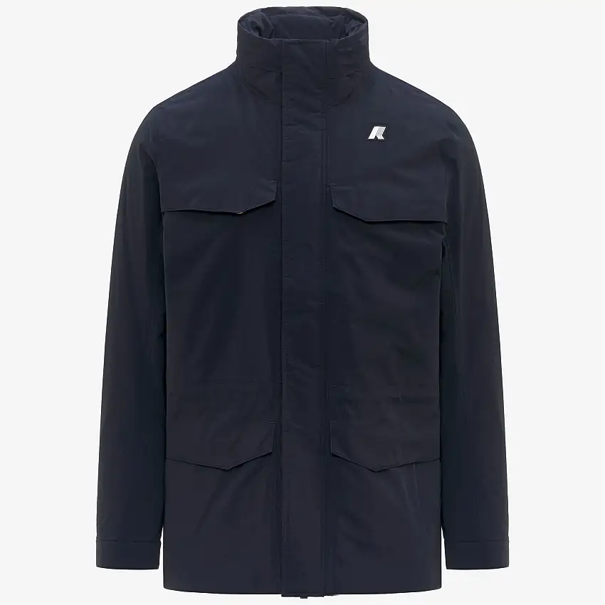 Giacca impermeabile blu da uomo di media lunghezza con cappuccio