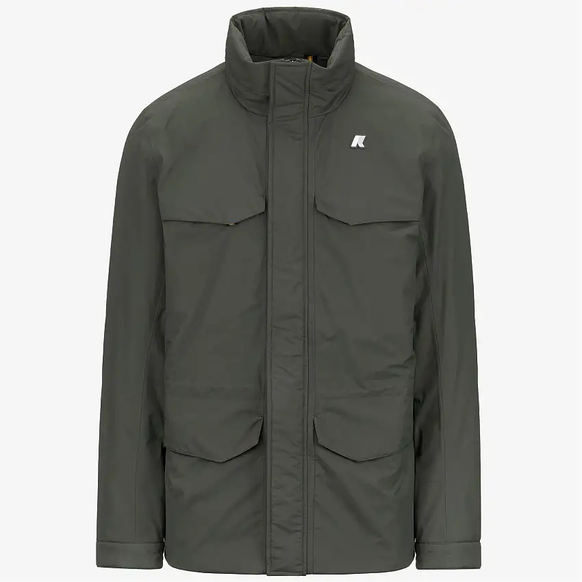 Giacca impermeabile di media lunghezza da uomo, verde e nera, con cappuccio