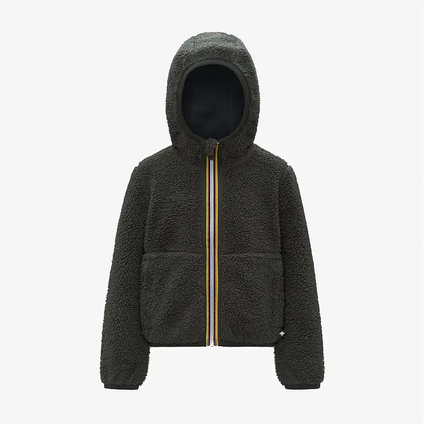 Felpa con cappuccio reversibile in pile verde e blu-nerastro per bambino