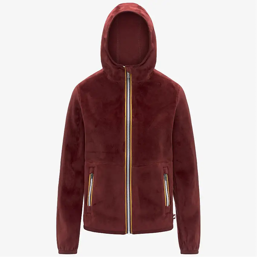 Giacca in pile reversibile rossa da donna con cappuccio regolabile