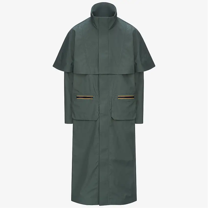 Giacca impermeabile lunga unisex grigio verde con fodera in jersey di lana