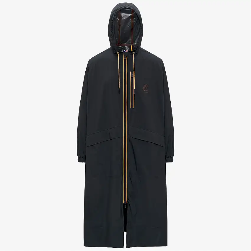 Trench lungo unisex nero in nylon riciclato con cappuccio