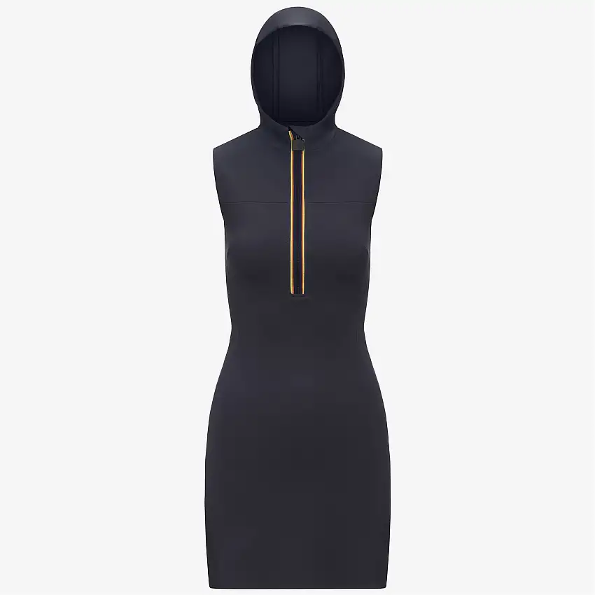 Mini abito blu da donna a maniche corte con cappuccio e chiusura a zip