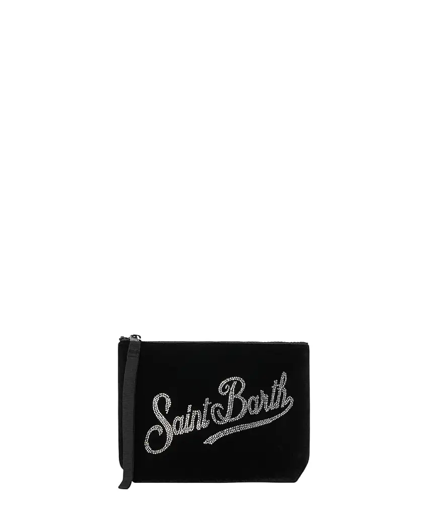 Pochette Aline Velvet in velluto nero con strass e passante da polso