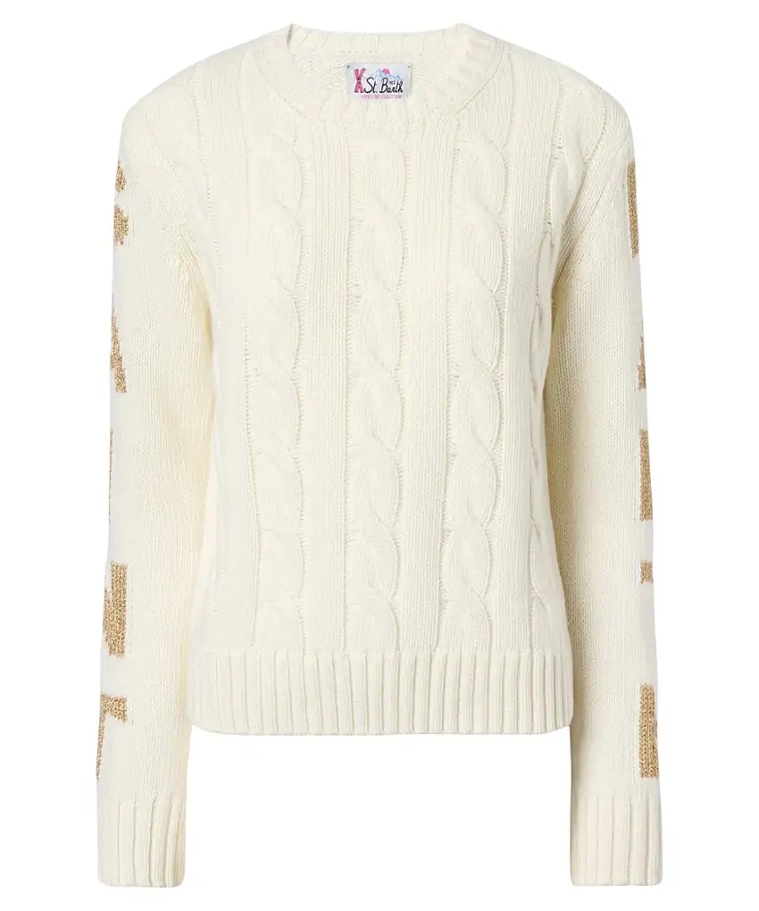 Mc2 Saint Barth Malmo | Maglione a trecce in misto cashmere bianco con jacquard St. Barth | Vittorio Citro - Dal 1920