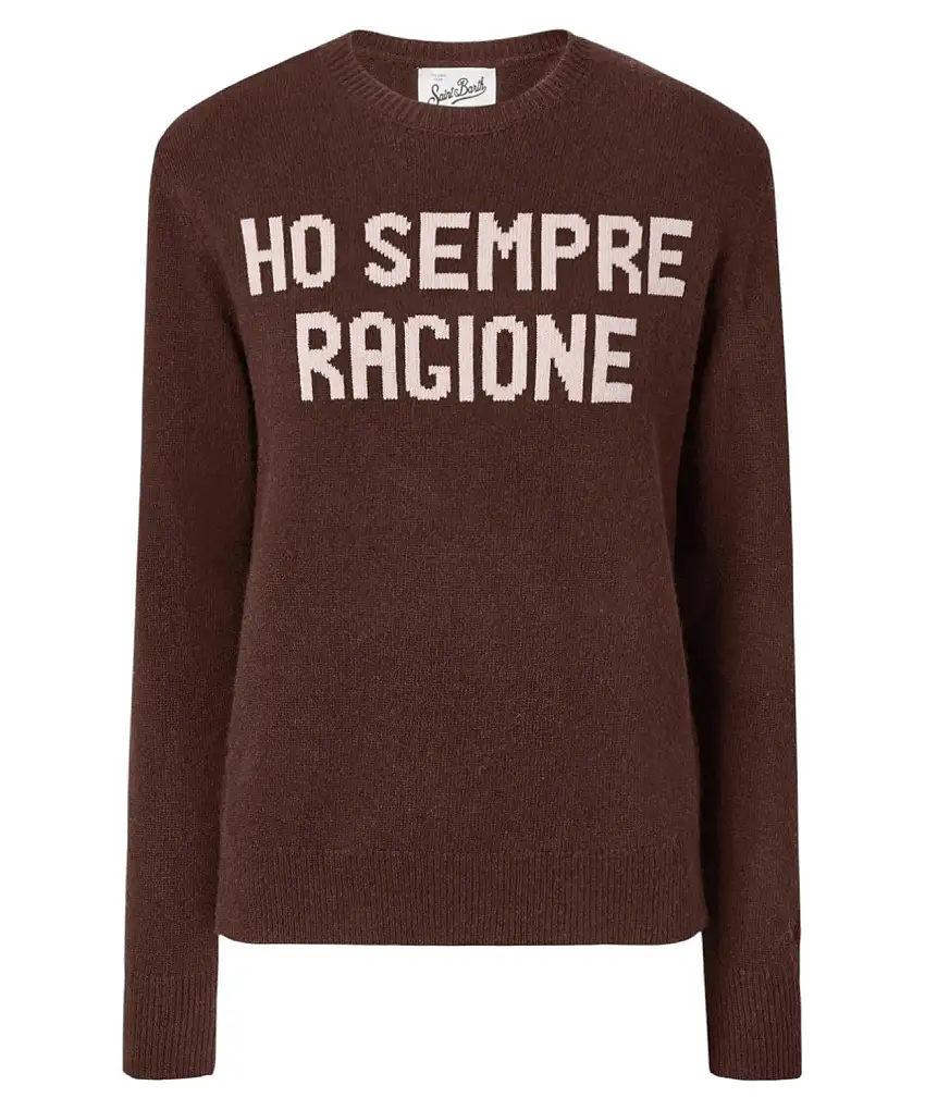 Mc2 Saint Barth Maglione New Queen in misto cashmere marrone con jacquard “Ho sempre ragione” | Vittorio Citro - Dal 1920