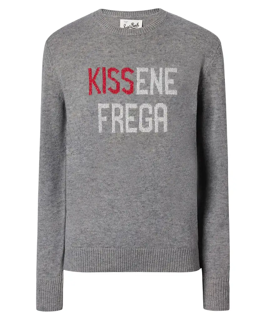 Mc2 Saint Barth Maglione New Queen in misto cashmere grigio con jacquard lurex “Kissenefrega” | Vittorio Citro - Dal 1920