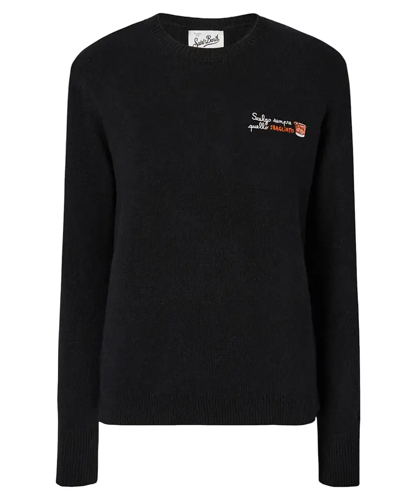 Mc2 Saint Barth Maglione New Queen in misto cashmere nero con ricamo “Scelgo sempre quello sbagliato” | Vittorio Citro - Dal 1920