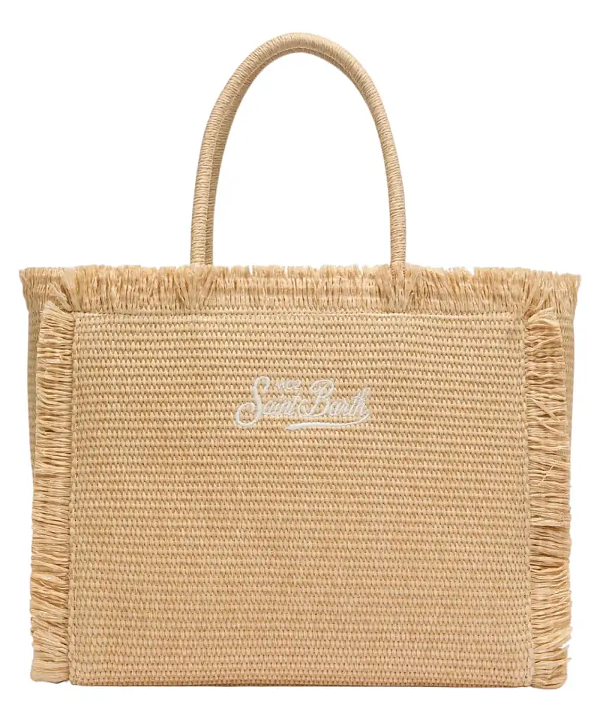 Borsa a spalla Vanity effetto paglia beige con logo ricamato | Novità Estate