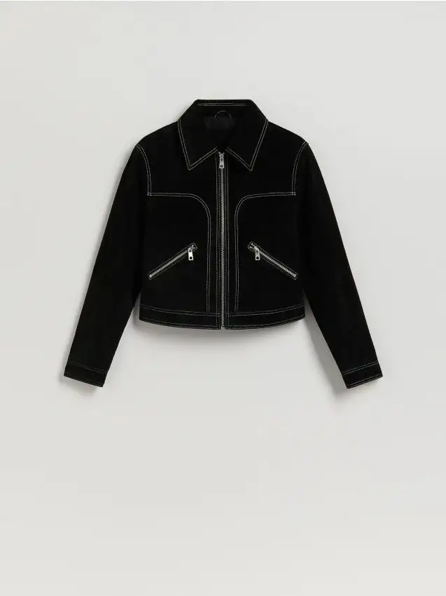 Giacca con colletto in pelle scamosciata Colore nero