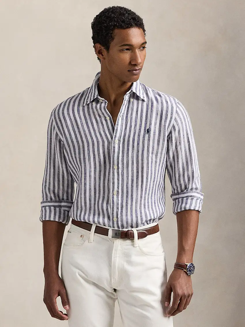 Camicia in Lino a Righe Larghe Custom Fit Viola/Bianco