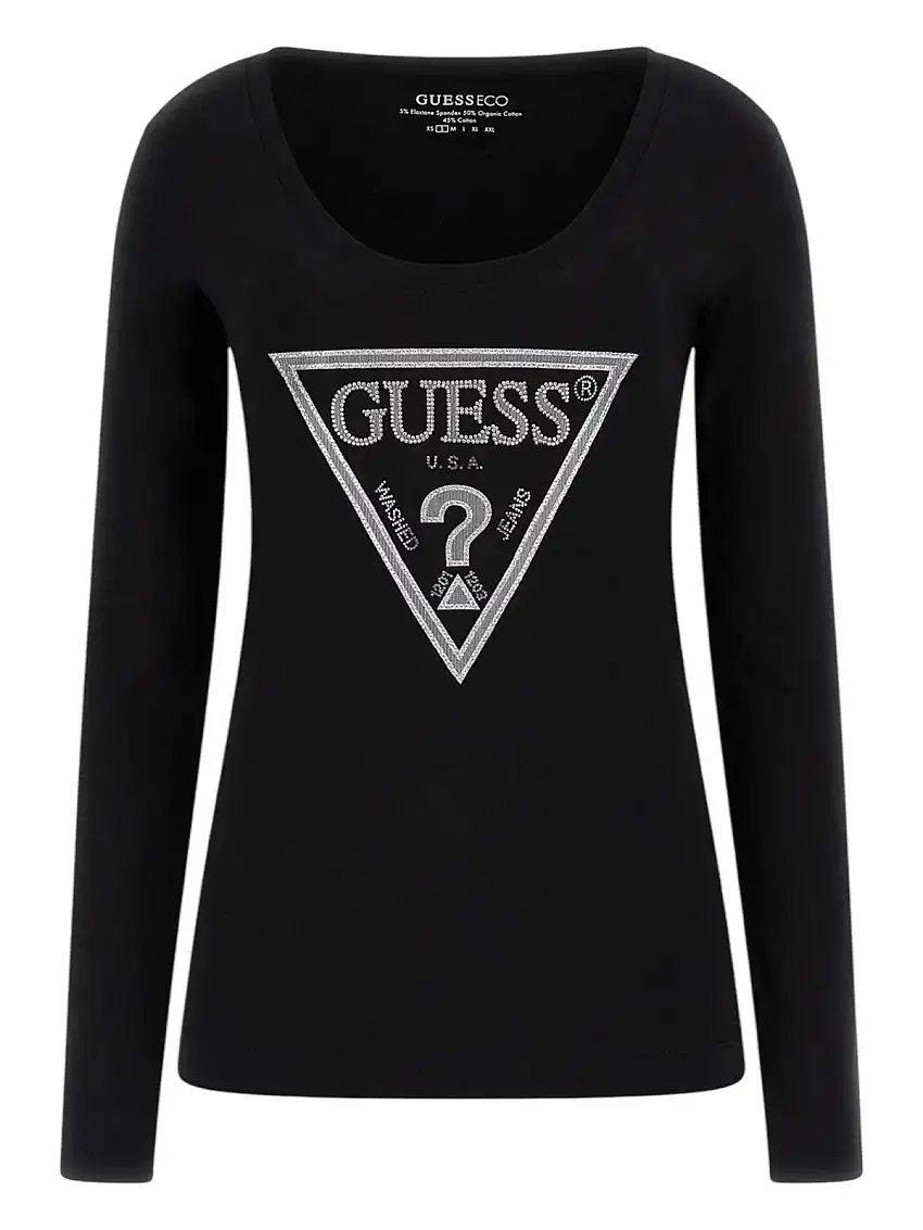 GUESS Women's T-shirt LS CN SHINY TRIANGLE TEE W5RI65 J1314 JBLK Black
