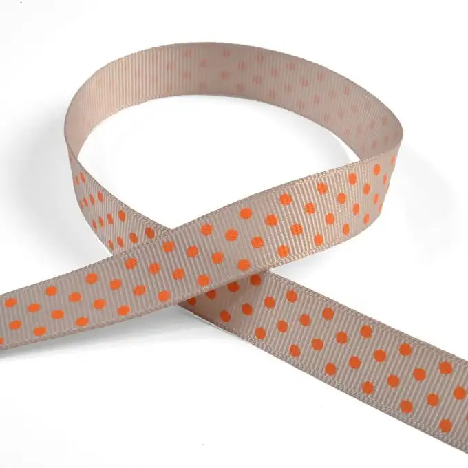 Nastro gros grain taupe con pois arancioni