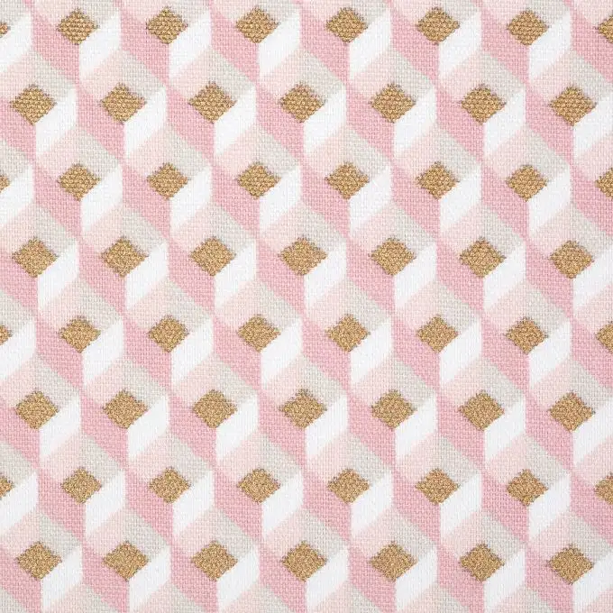 Tessuto cotone spesso piccoli cubi rosa e dorato