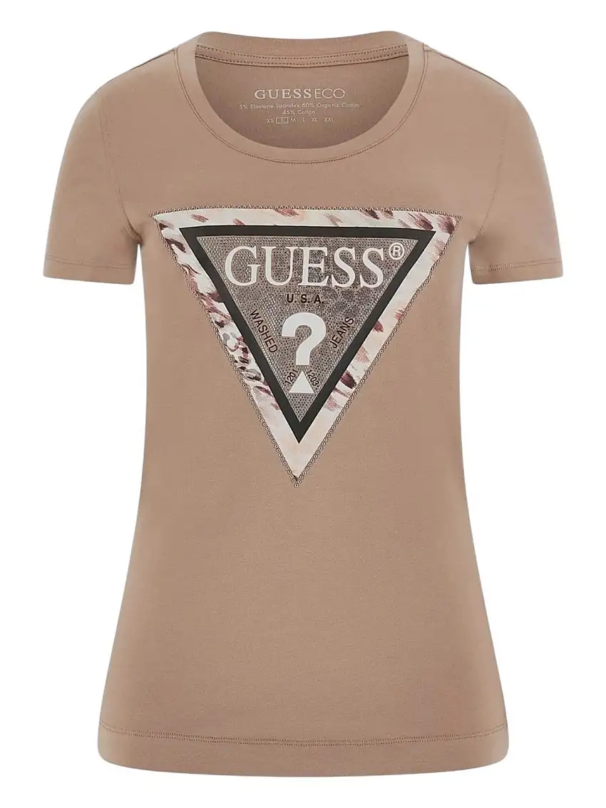 GUESS Women's T-shirt SS CN CHEETA LOGO TRIANGLE TEE W5RI22 J1314 A10L Beige