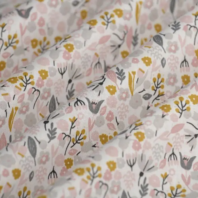 Tessuto cotone fiori rosa e grigi