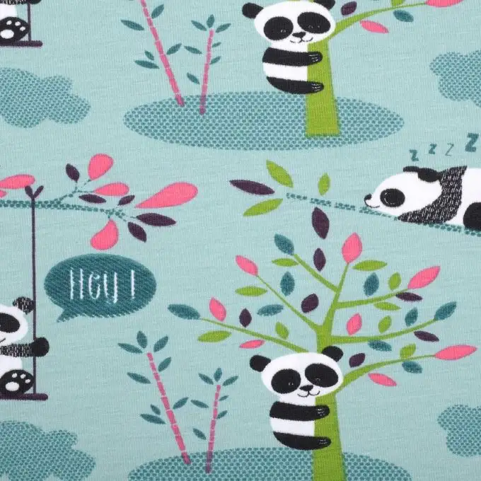 Tessuto jersey stampato panda turchese