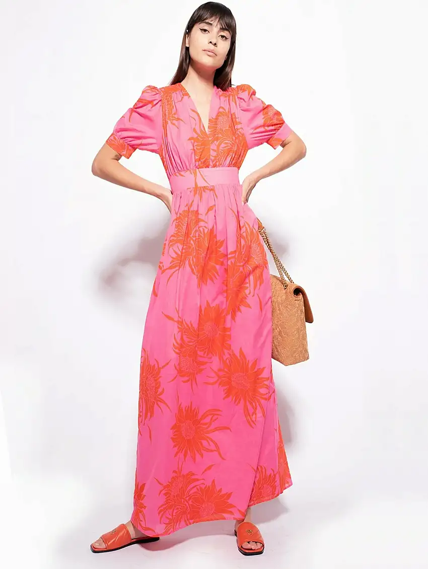 Abito Lungo con Stampa Macro Floreale Rosa/Rosso