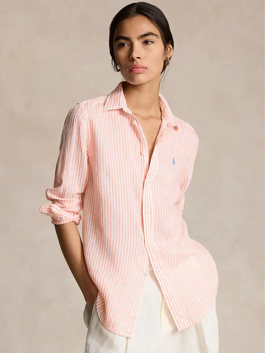 Camicia a Righe in Lino Arancio/Bianco