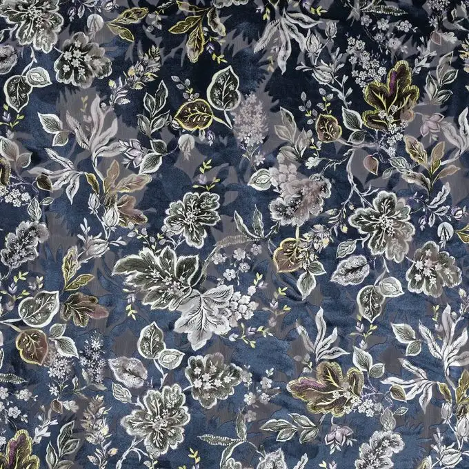 Tessuto velluto fiori blu