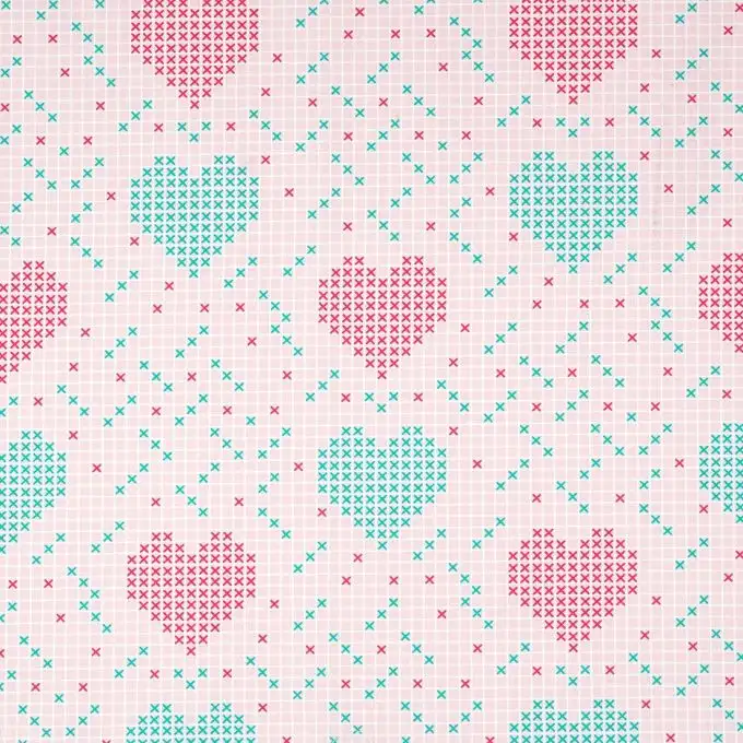 Tessuto popeline cotone rosa cuore e croce