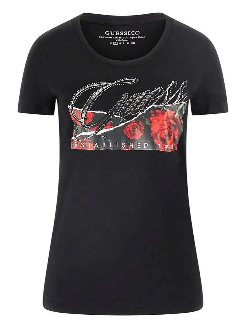 GUESS Women's T-shirt SS CN ROSES PRINT W5RI03 J1314 JBLK Black