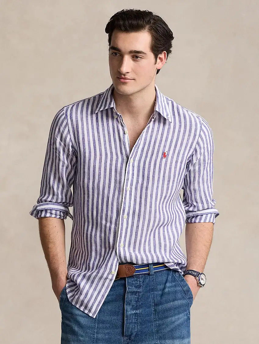 Camicia a Righe Custom Fit in Lino Blu/Bianco