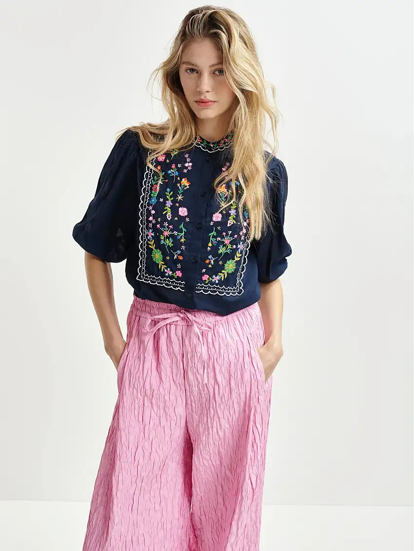 Camicia Con Ricami Floreali e Maniche 3/4 Blu