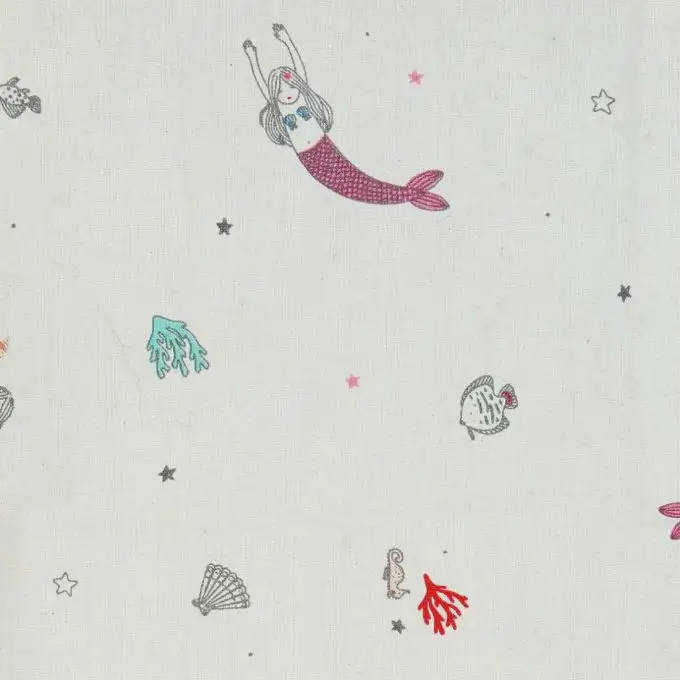 Tessuto velo di cotone ecru motivi sirene