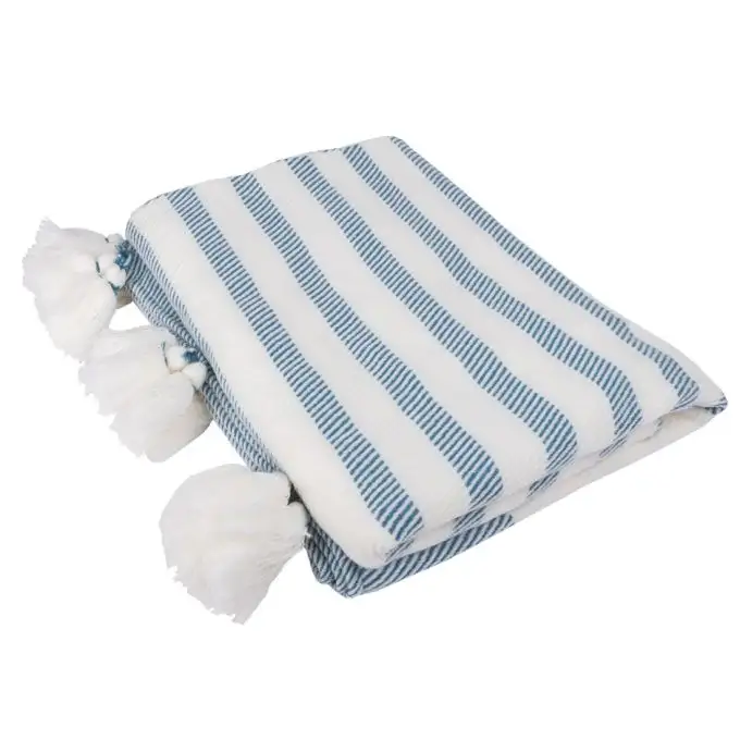 Coperta ecru blu con pompon 127x152 cm