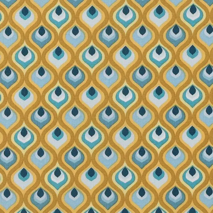 Tessuto cotone rivestito morbido motivi giallo e blu