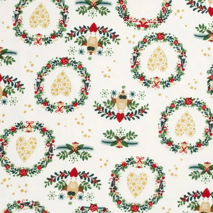 Tessuto cretonne stampato Medaglione e Gufi