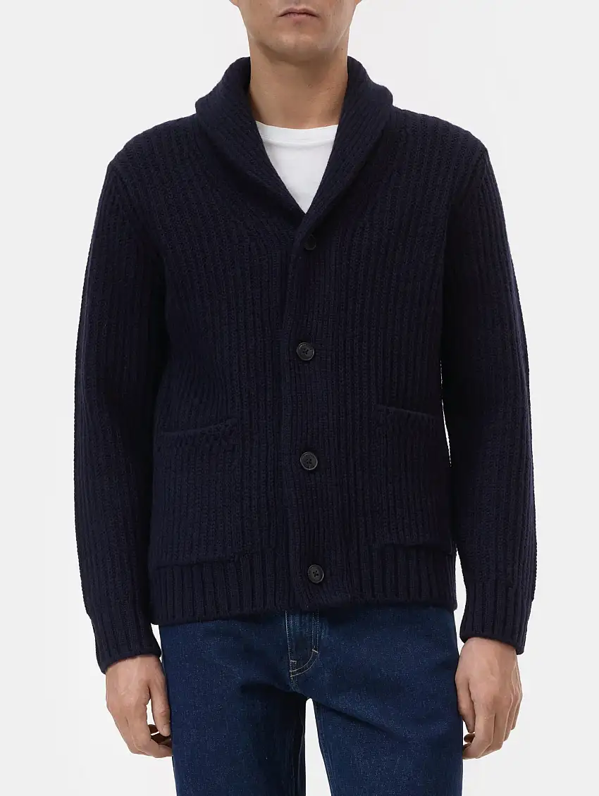 Cardigan a Coste Inglesi in Lana Blu