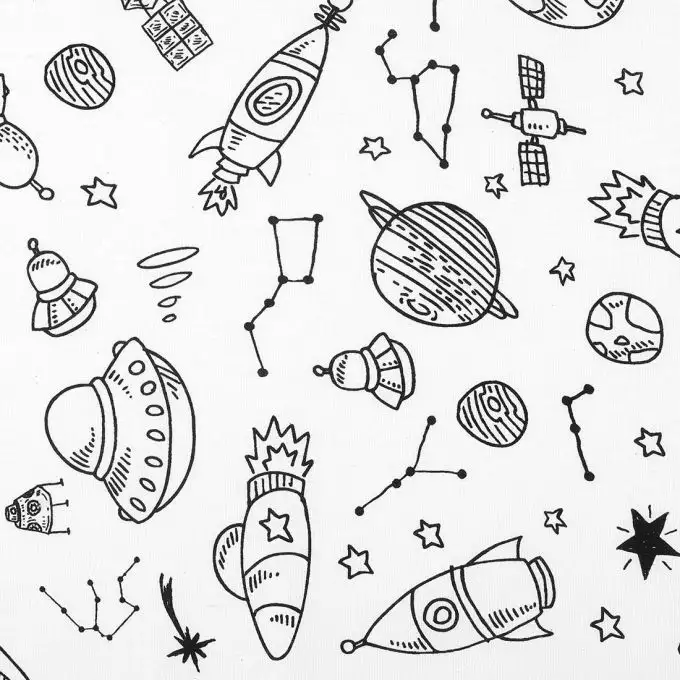 Tessuto cotone da colorare razzi e pianeti