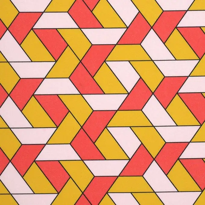 Tessuto cotone geometrico rosa e giallo