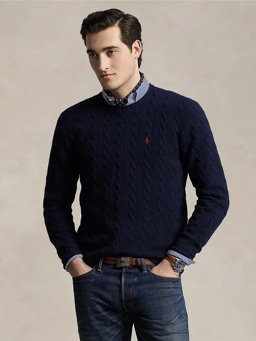 Maglia in Misto Cashmere a Trecce Blu