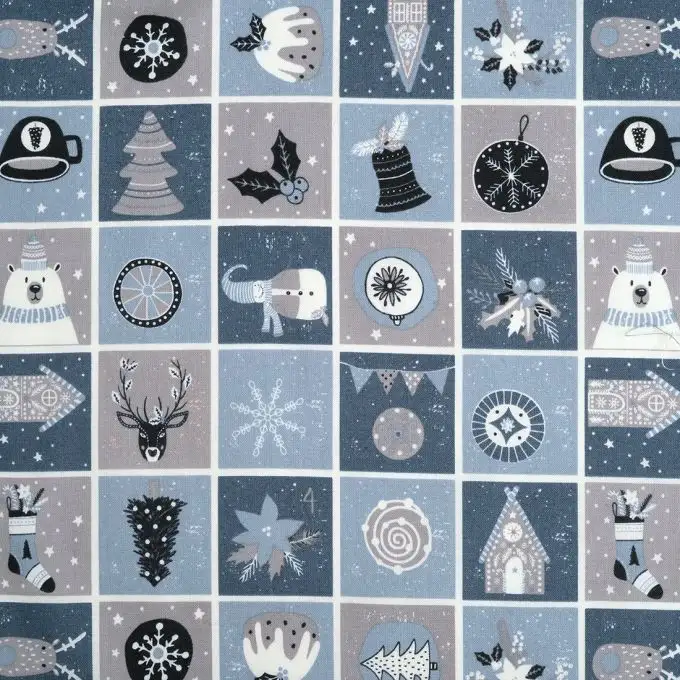 Tessuto cotone blu e grigio motivi Natale