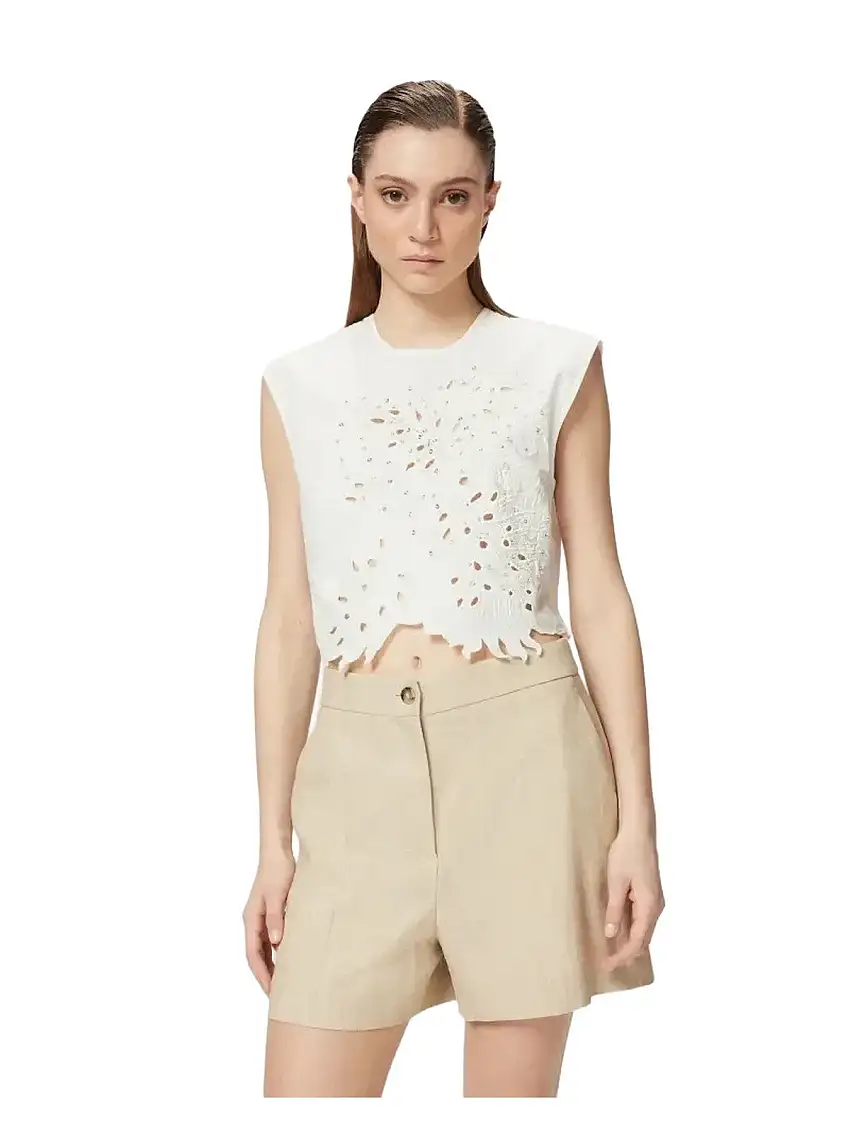 Pinko Women's Tank Tops and Tops - Crop Top with Openwork Embroidery and Crystals - White