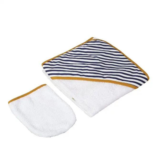 Accappatoio e guanto in cotone biologico blu e bianco