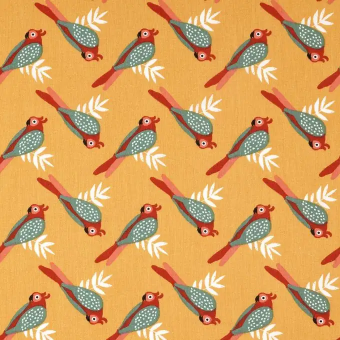 Tessuto cotone arancione pappagalli