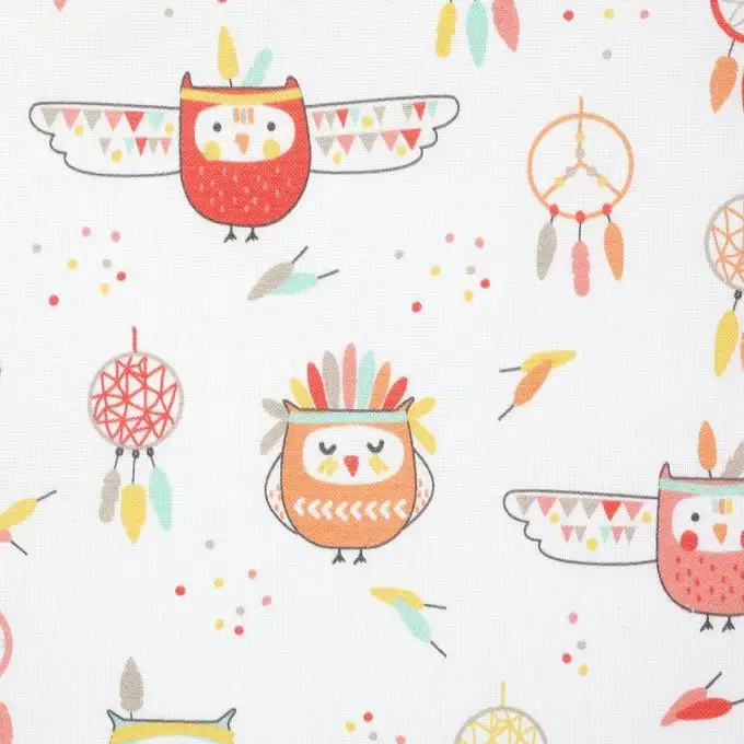 Tessuto cotone gufi corallo