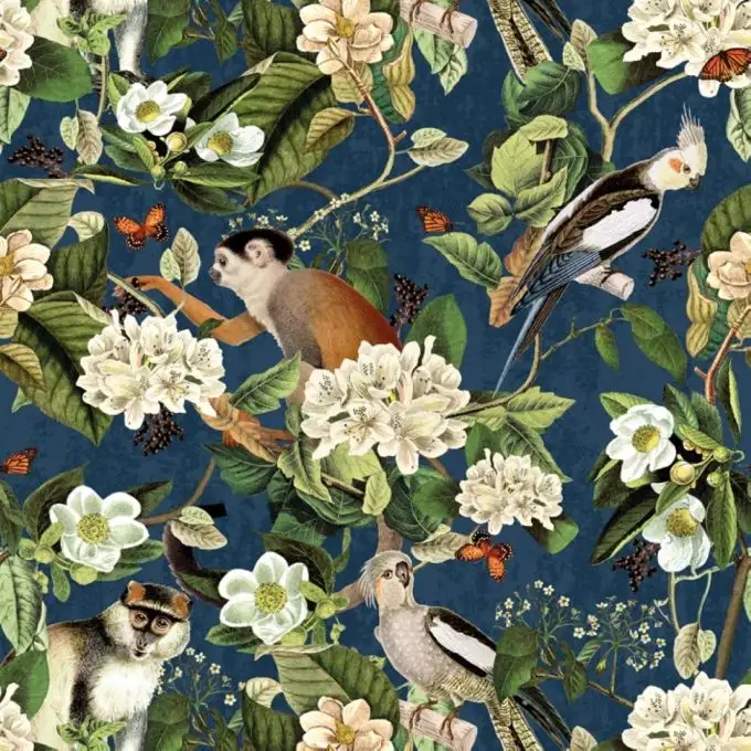 Tessuto cotone spesso stampato scimmie e fiori blu