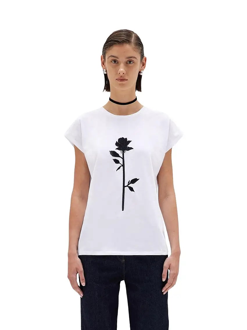 Blugirl Women's T-Shirt - T-Shirt with Embroidered Rose - White