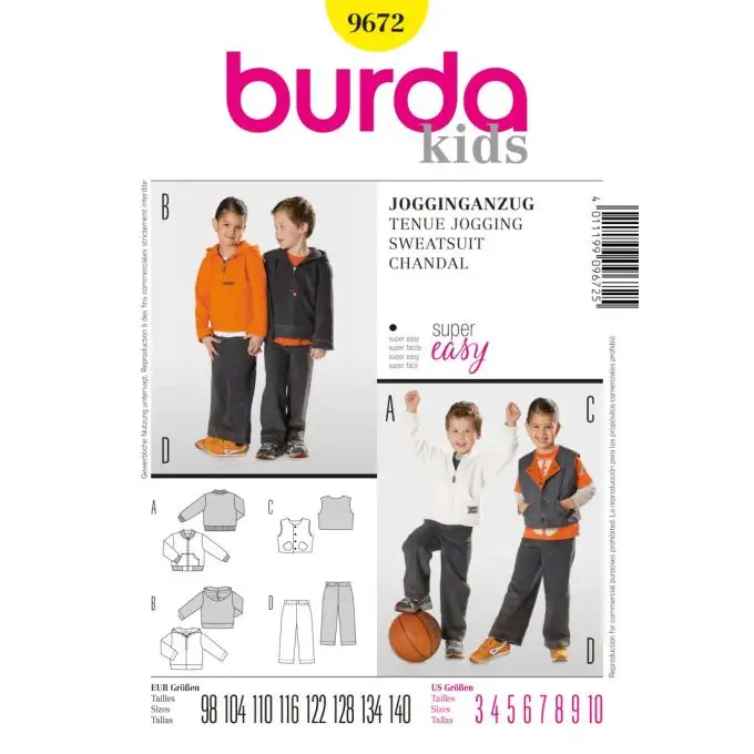 Modello burda 9672 tuta jogging bambine e bambini