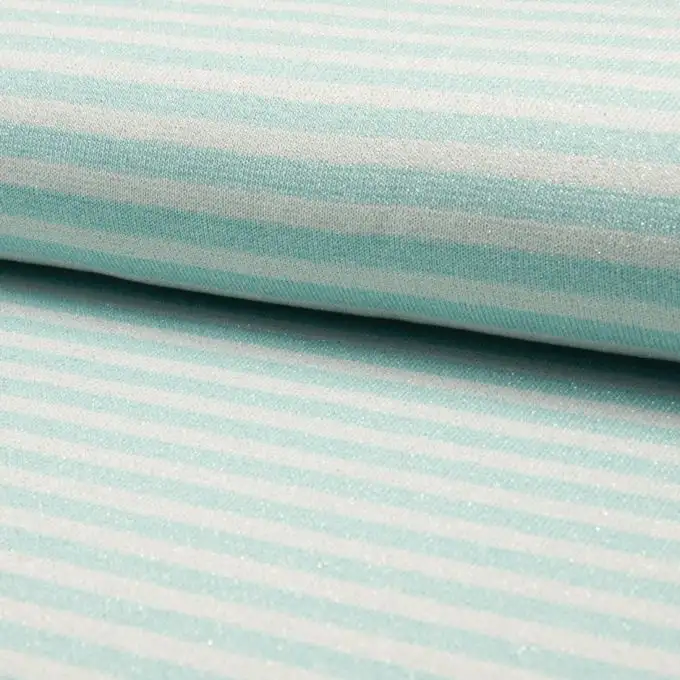 Tessuto jersey a righe turchese e ecru