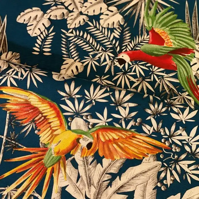 Tessuto cotone stampato Pappagalli Mania verde giallo