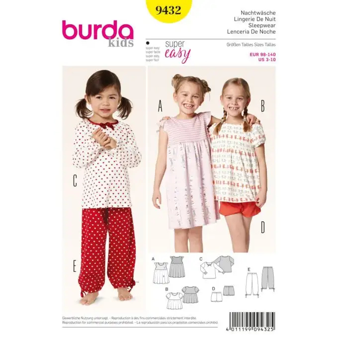 Modello burda 9432 biancheria intima per bambini