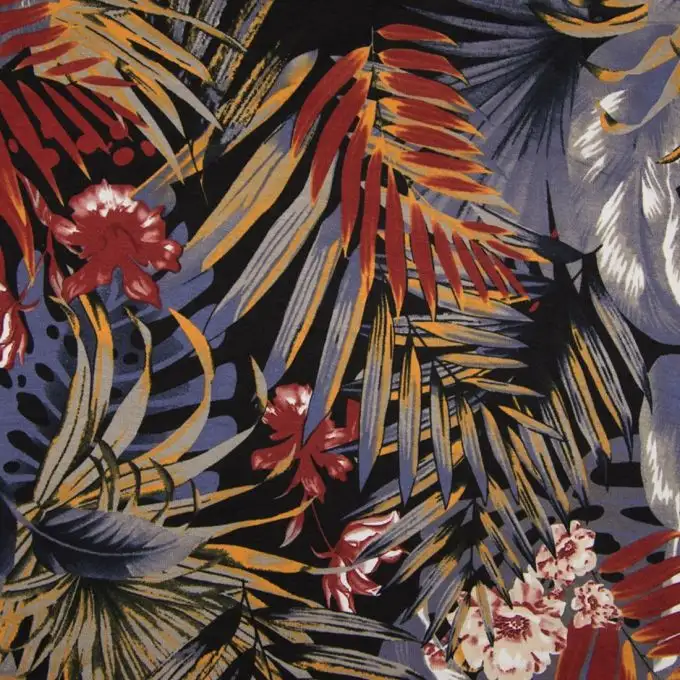 Tessuto jersey viscosa giungla e fiori blu e rosso