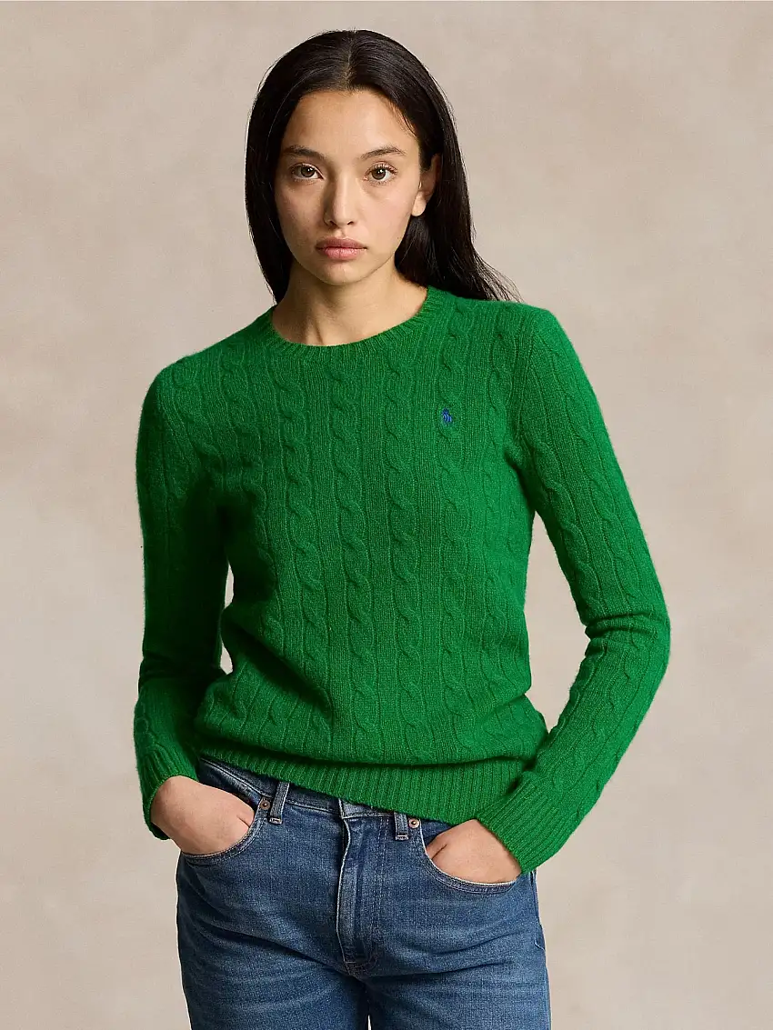 Maglia a Trecce in Misto Cashmere Verde Erba